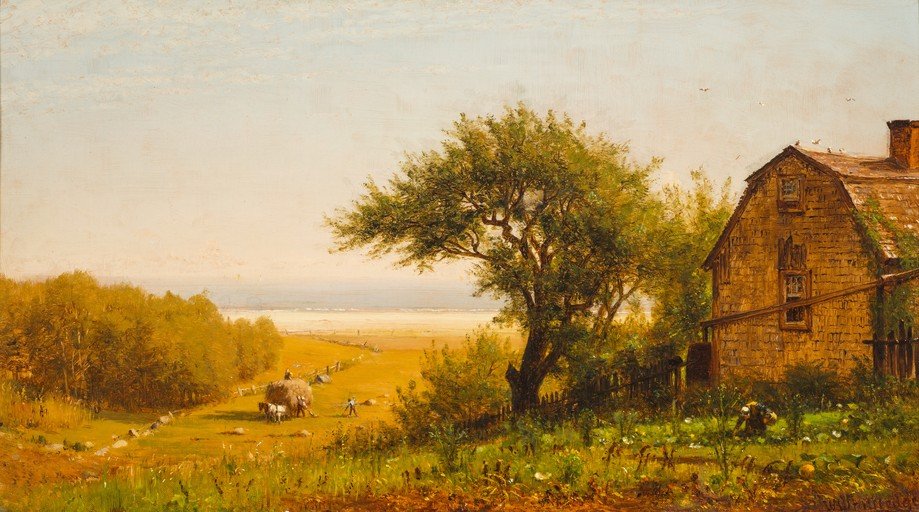 Rural Farmhouse Scene with Haystack and Distant Ocean