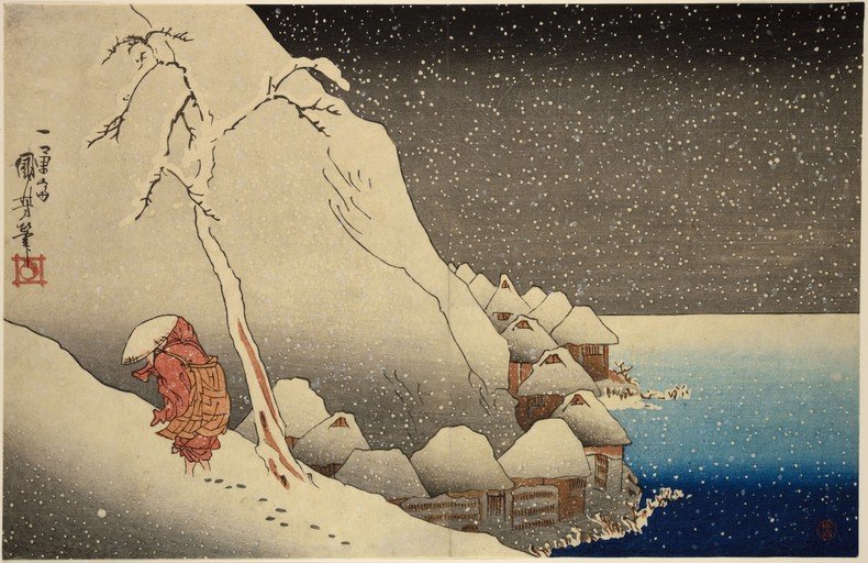 Snowy Village Scene with Traveler
