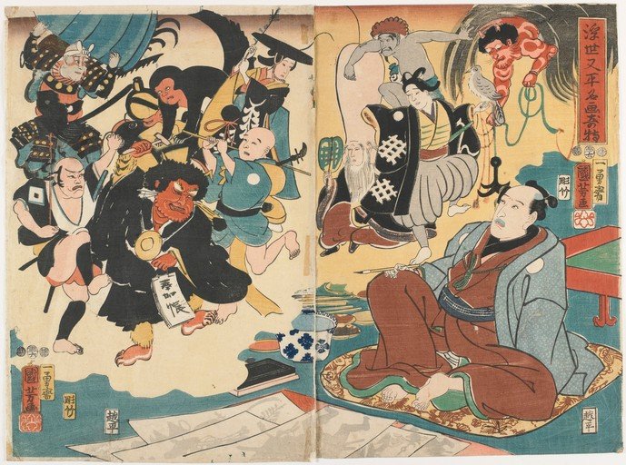 Japanese Woodblock Print: A Scene of Figures and Mythological Beings