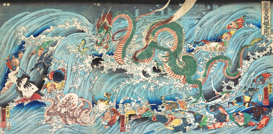 Dragon and Octopus Battle in Turbulent Waves