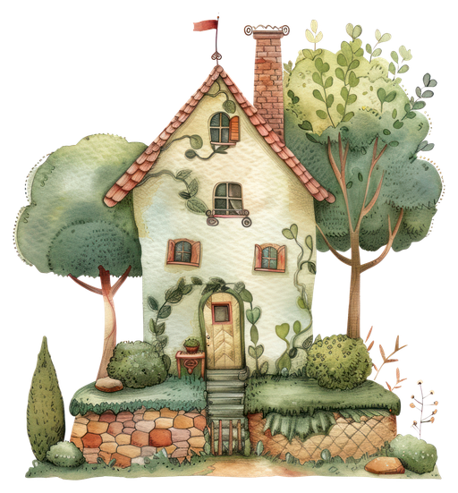 Whimsical Watercolor Cottage Surrounded by Lush Greenery