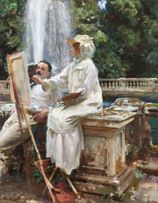 Artists painting by a fountain in a garden