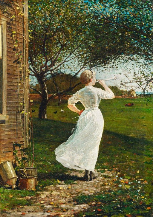 Woman in White Dress Blowing a Horn in a Rural Landscape