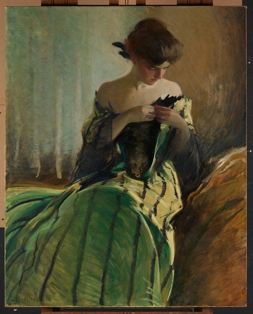 Woman in a Green Striped Dress