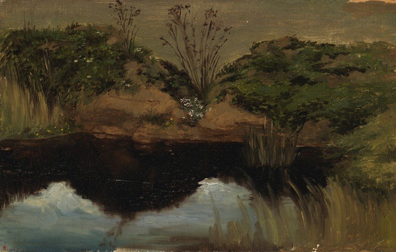 Impressionist Landscape Painting of a Pond and Overgrown Banks