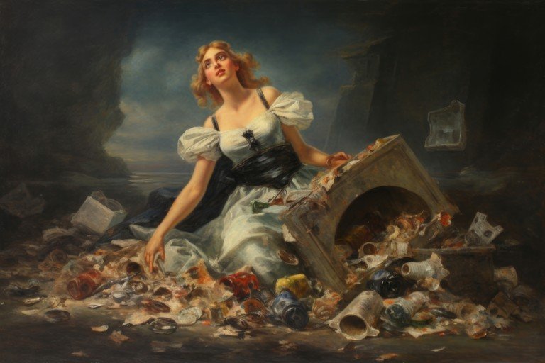 Woman in Ruin Surrounded by Debris