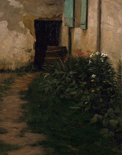 Impressionist Painting of a Rustic Courtyard with Flowers