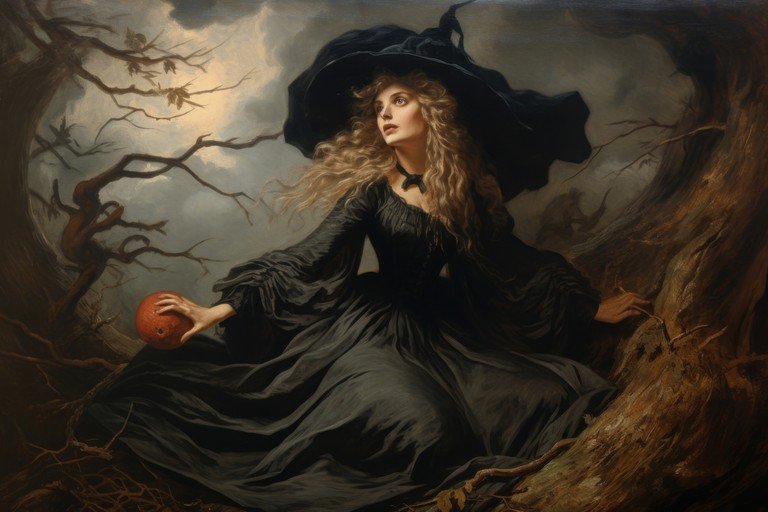 Mysterious Witch with Pumpkin in Eerie Forest