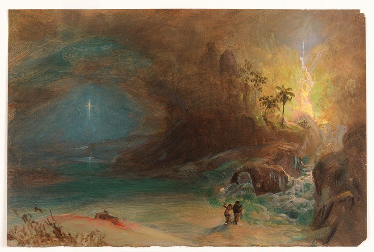 Mystical Cave Landscape with Waterfall and Figures