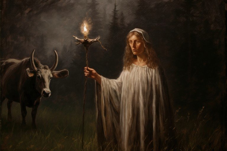 Mystical Woman with Torch and Cow in Forest