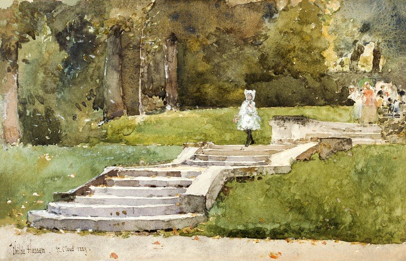 Child in White Dress on Garden Steps