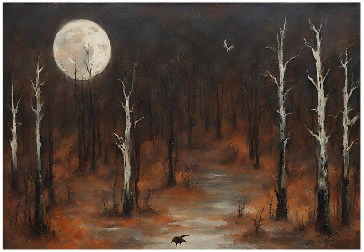 Eerie Forest Scene with Moon and Bats