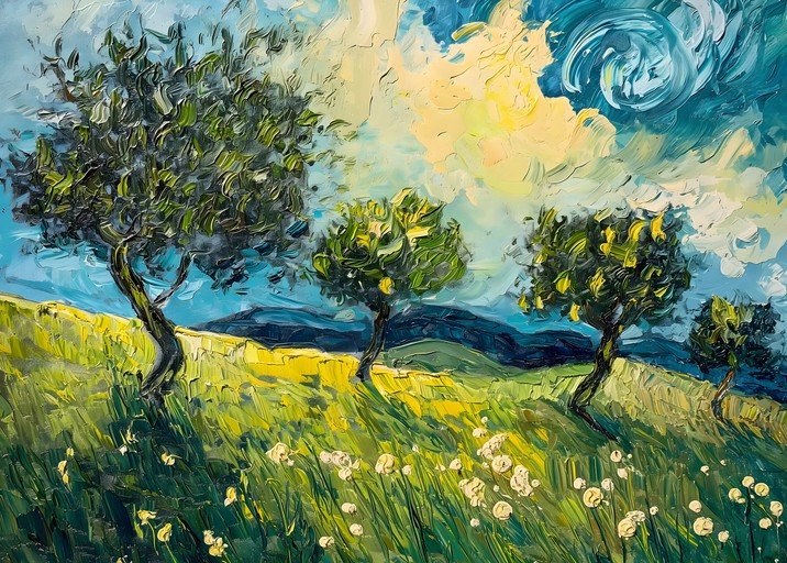 Impressionist Landscape Painting of Olive Trees in a Field