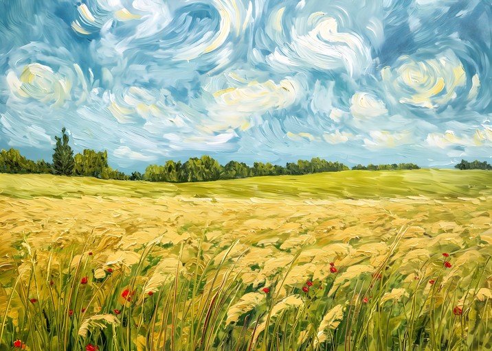 Impressionist Field of Wheat Under a Swirling Sky