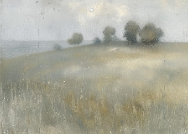 Misty Landscape with Trees and Sun
