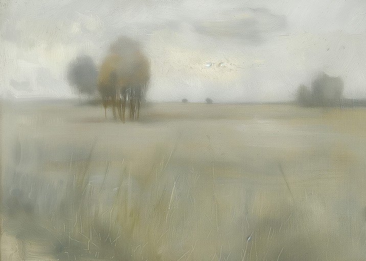 Misty Landscape with Trees and Grass
