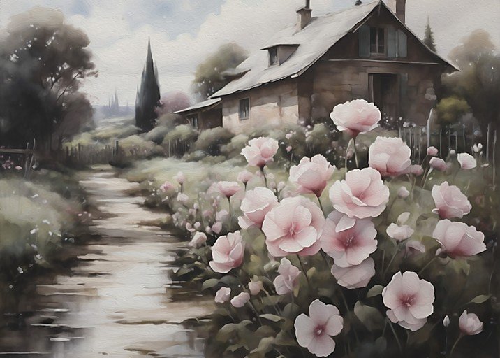Pastoral Cottage Garden with Pink Roses and Winding Path