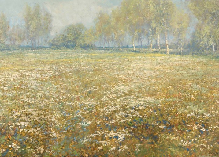 Impressionist Meadow with Wildflowers and Birch Trees