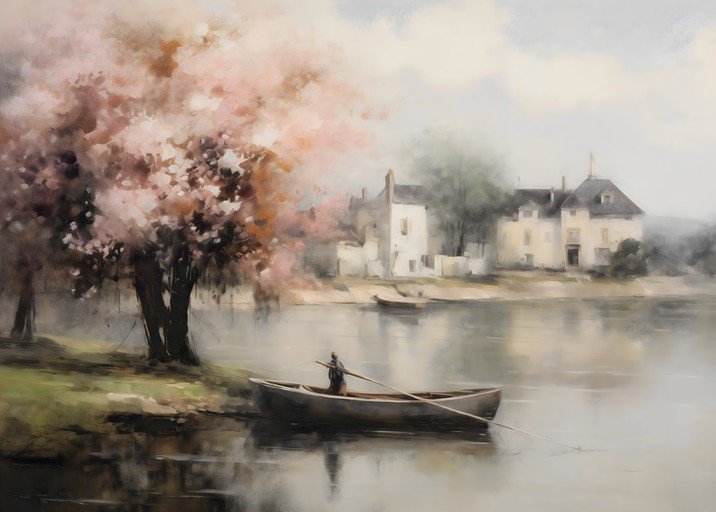 Serene Riverside Scene with Blooming Tree and Boat