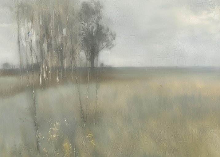 Misty Landscape with Trees and Wildflowers