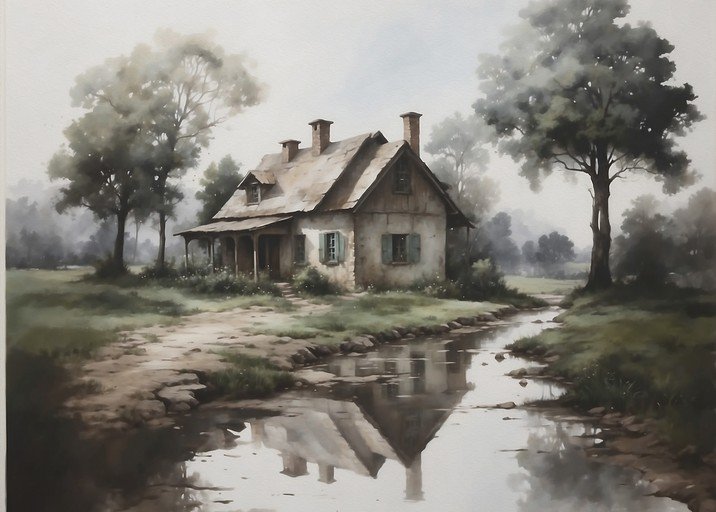Watercolor Painting of a Rustic Cottage by a Stream