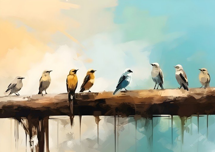 Birds Perched on a Branch Against a Sky Backdrop