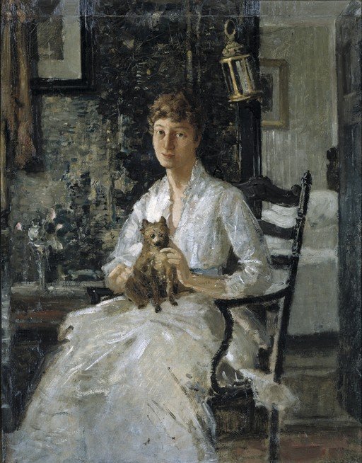 Woman Holding a Small Dog in a Victorian Interior