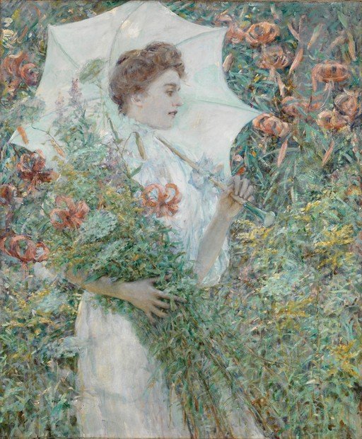 Woman with Umbrella and Flowers in a Garden