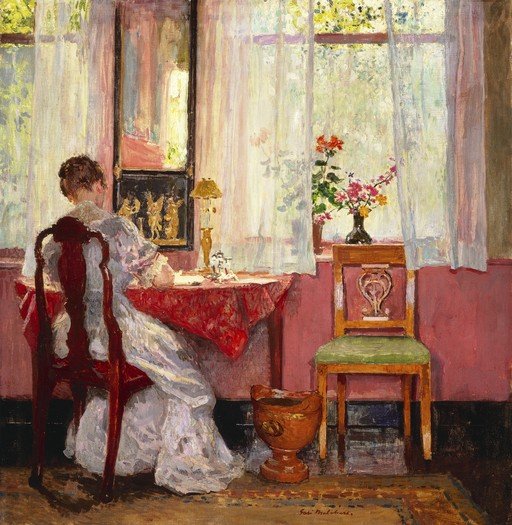 Woman in White Dress at Table by Window