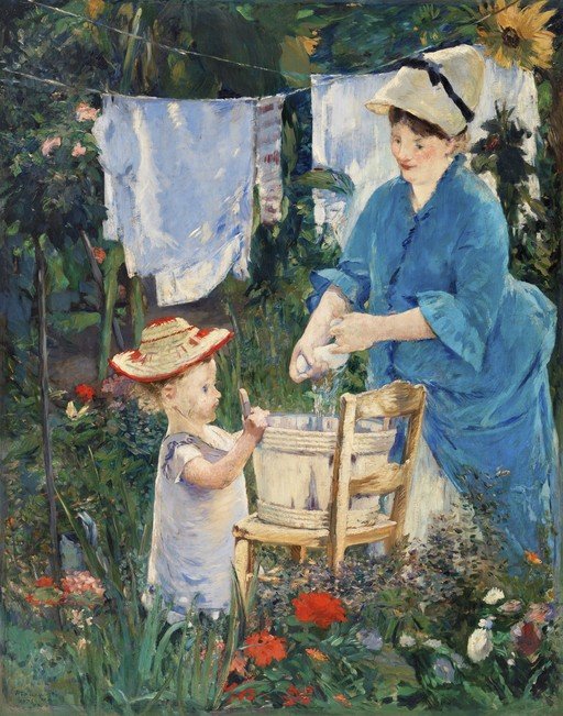 Mother and Child Hanging Laundry in a Garden