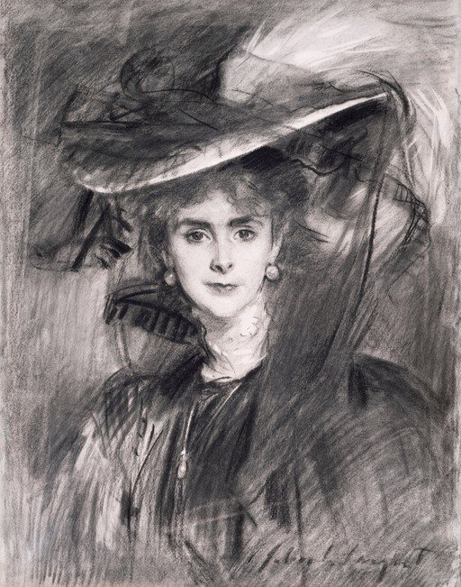 Charcoal Portrait of a Woman in a Wide-Brimmed Hat