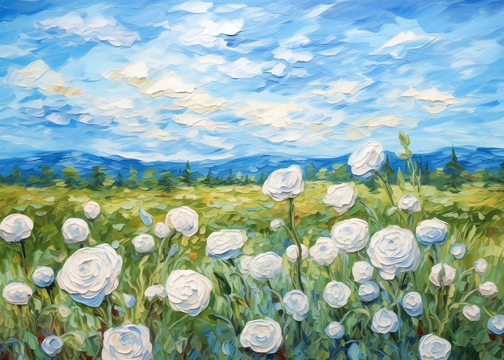 Impressionist Field of White Flowers Under Blue Sky