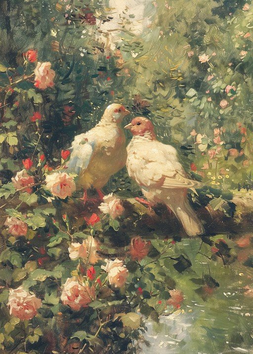 Two Doves in a Rose Garden