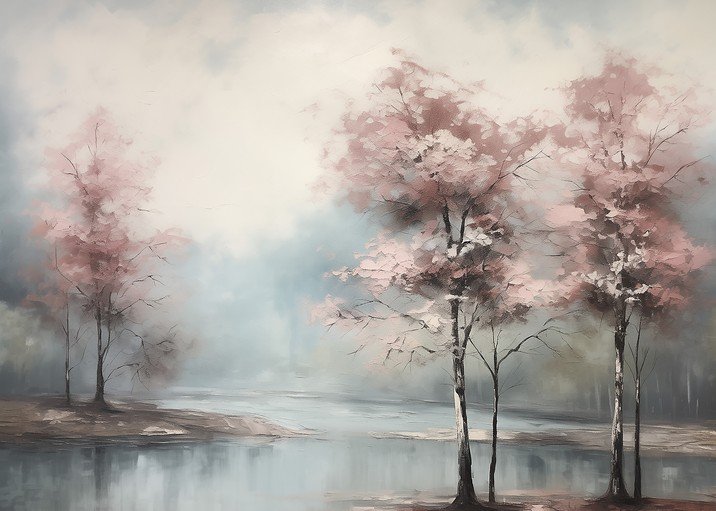 Misty Spring Landscape Painting with Pink Blossoms