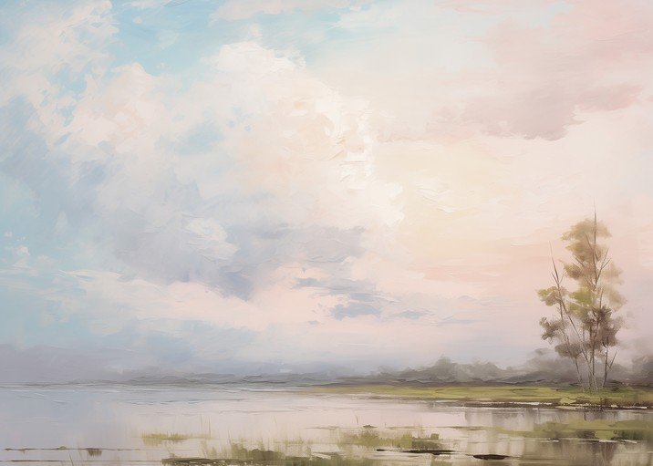 Serene Landscape Painting of Water and Sky