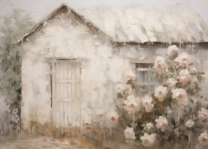 Impressionist Painting of a Cottage with Roses