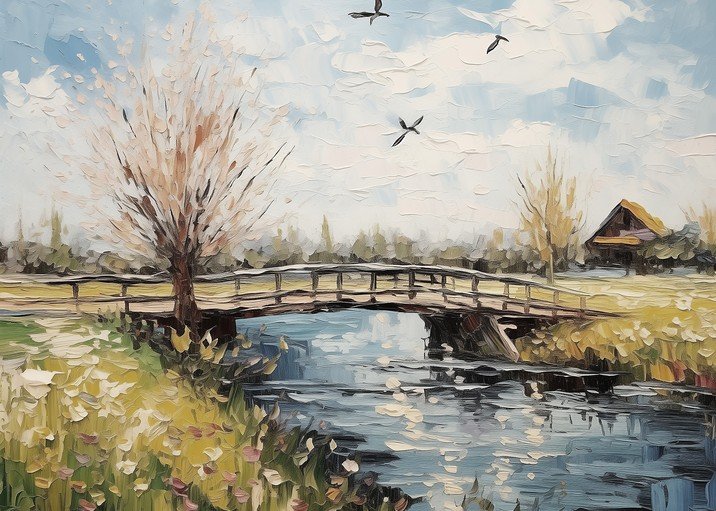 Impressionist Landscape Painting of a Bridge Over a Stream