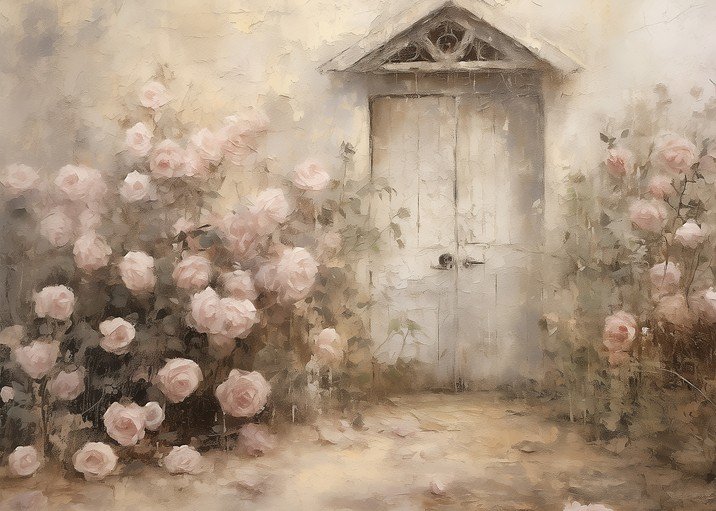 Romantic Garden Door with Pink Roses