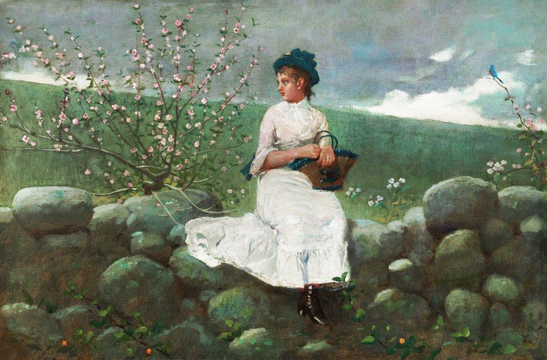 Woman in White Dress Sitting by Stone Wall with Blossoms