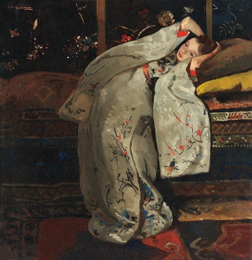 Woman in Kimono Reclining on Cushions