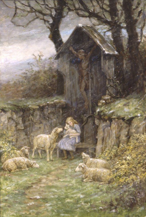 Shepherdess and Sheep at a Crucifix