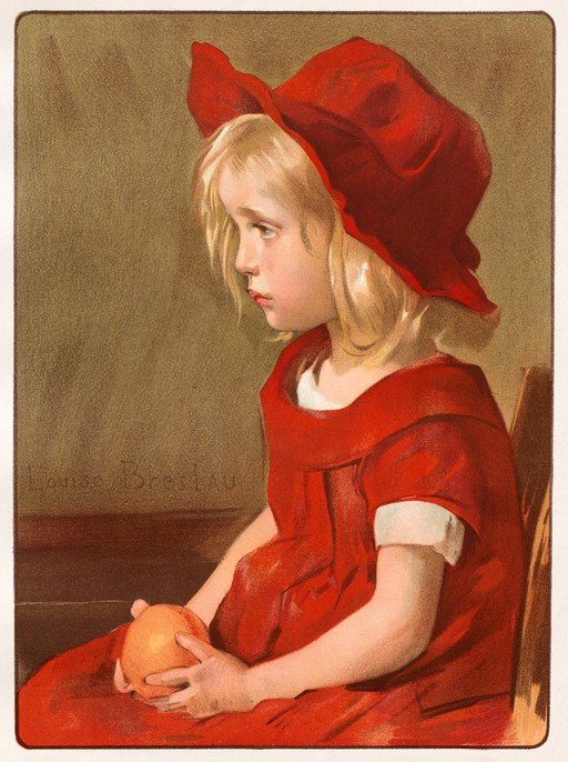 Young Girl in Red Dress Holding an Orange