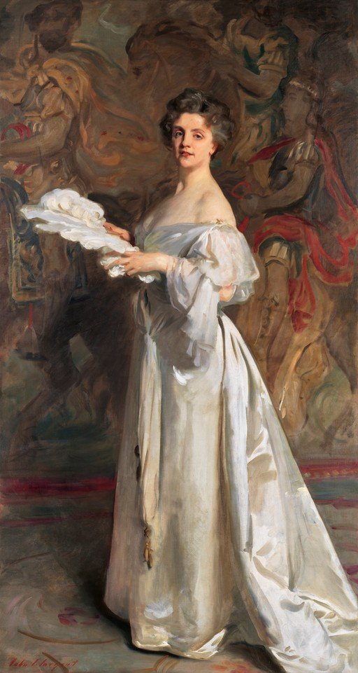 Portrait of a Woman in a White Gown with a Fan