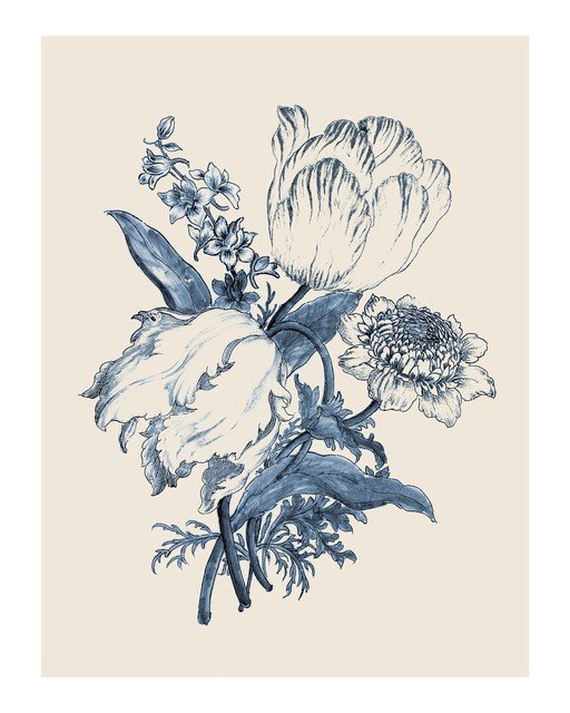 Vintage Botanical Illustration of Blue and White Flowers
