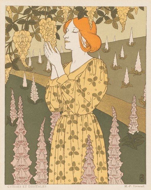 Art Nouveau Woman in Garden with Flowers