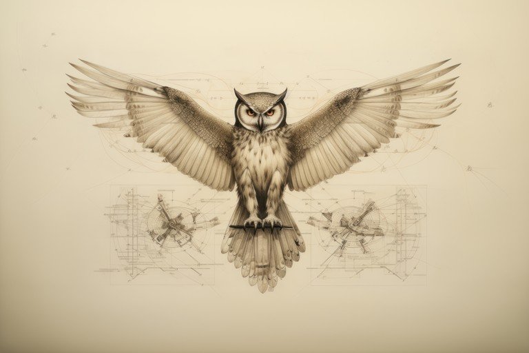 Detailed Owl Illustration with Technical Blueprints