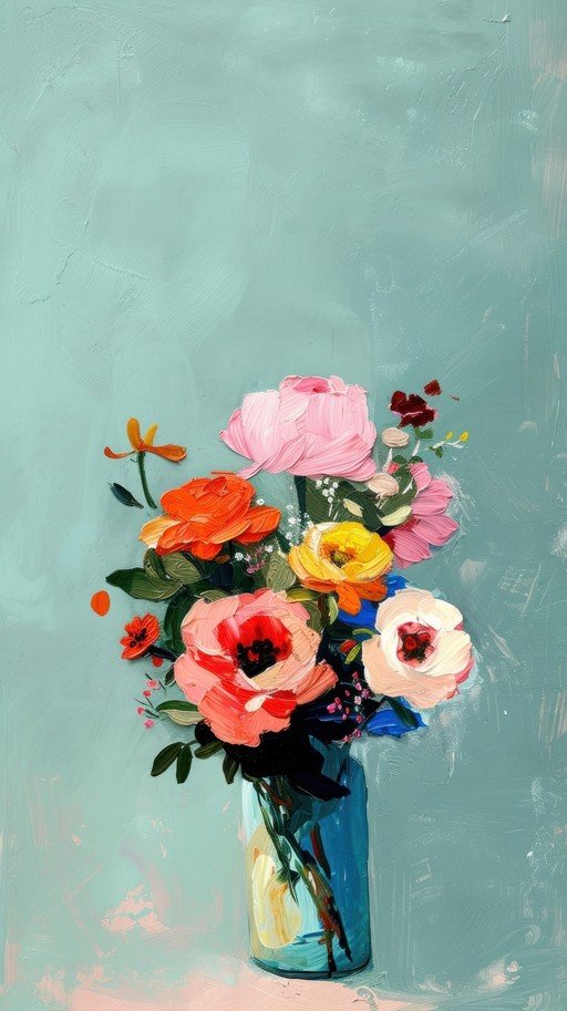 Impressionistic Floral Bouquet in Blue Vase