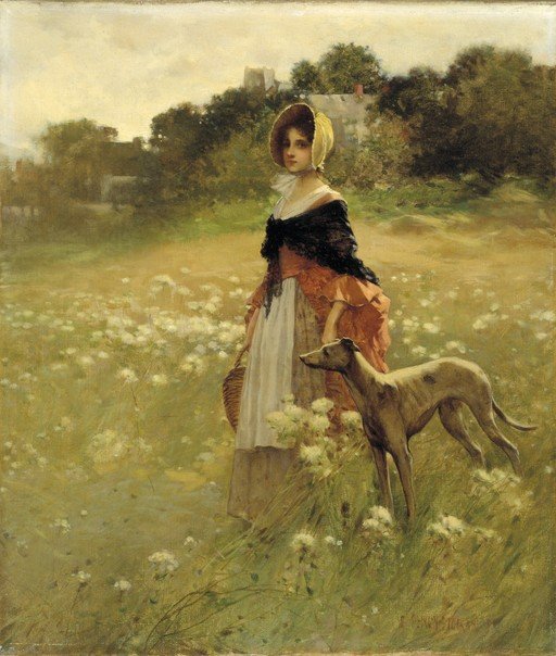 Victorian Woman and Greyhound in a Field of Flowers