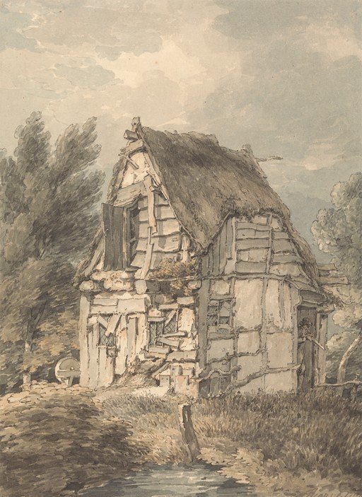 Dilapidated Thatched Cottage in Rural Landscape