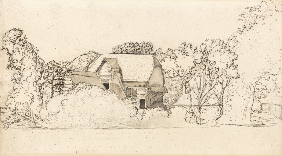 Sketch of a House Surrounded by Lush Trees and Foliage